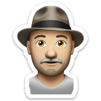 Photorealistic, realistic serious A plump bald man of Slavic appearance with a goatee beard and mustache, wearing a fedora hat, big details sticker