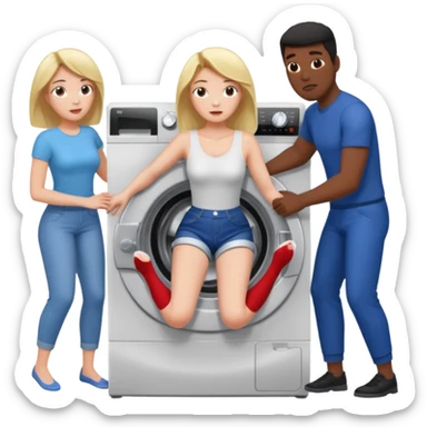 Eine Frau steckt bis zum Bauch in einer Waschmaschine fest und nur die Beine gucken raus und zwei schwarze männer ziehen an ihren Beinen um sie raus zu holen  sticker