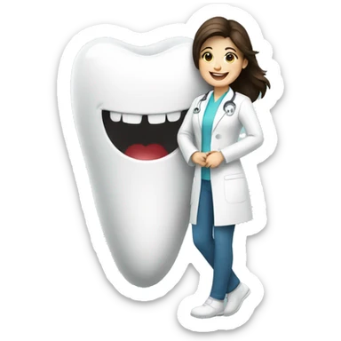 a brunette dentist leaning against a tooth smiling sticker