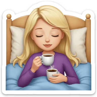 Blonde girl who closes her eyes and smells coffee while drinking coffee in her bed sticker