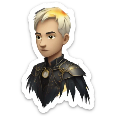 Hamlet young skinny sad man iridescent hair wearing raven feathers with a gilded clock and golden flames yin yang chess board sticker