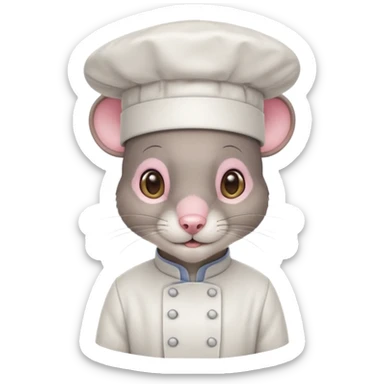 gray mouse with large round ears, brown eyes, and a small pink nose, wearing a white chef’s hat sticker