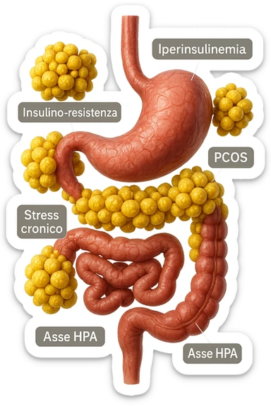 STOMACO E INTESTINO SONO VERTICALMENTE COLLEGATI E INTORNO A QUESTI ORGANI CI SONO CELLULE DI GRASSO GIALLE ATTACCATE SOPRA A GRAPPOLI, intorno fluttuano cellule di grasso giallo e alcune targhette con queste parole "Iperinsulinemia", "insulino-resistenza", "PCOS", "Stress cronico", "asse HPA", IPERREALISTICO 4K sticker