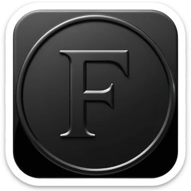 Emoji icon of a black coin with engraved letter F, minimalist style, isolated, only black color sticker