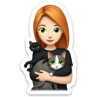 Readhead girl with green eyes snuggling black cat sticker