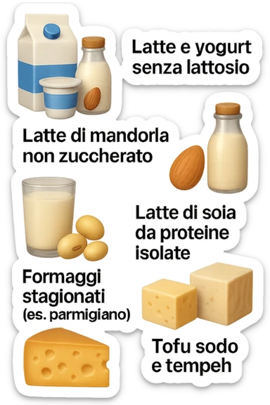 emoji stile iphone 3d di questi elementi che fluttuano in aria:

Latte e yogurt delattosati
Latte di mandorla (non zuccherato)
Latte di soia da proteine isolate
Formaggi stagionati (es. parmigiano)
Tofu compatto e tempeh
 che fluttuano in aria,  le etichette scrivile in italiano, iperealistico 4k sticker