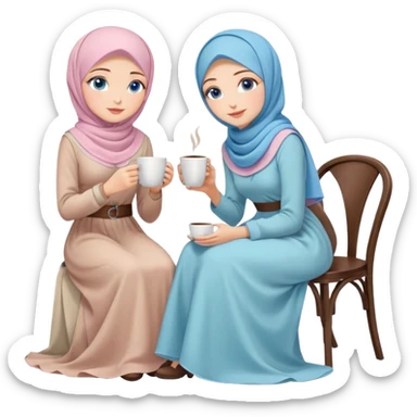 Turkish beautiful finish Konya girls blue eyes with pastel hijab long tail dress and the two friends sits on the chair on the ground and holds cup coffe with her hand  sticker