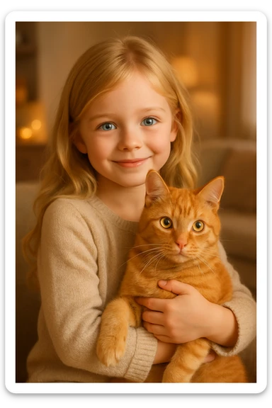 a blonde girl with blue eyes holding an orange tabby cat, friendly and cute sticker