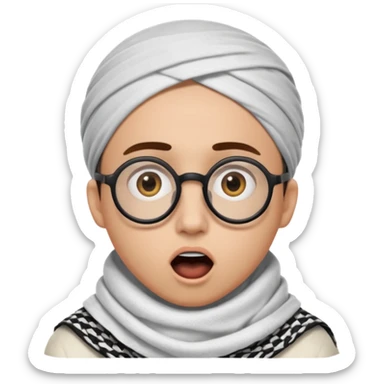 A person with light skin tone, wearing a traditional white keffiyeh with a black agal, large brown eyes, round glasses, and an open mouth showing a surprised or shocked expression. sticker