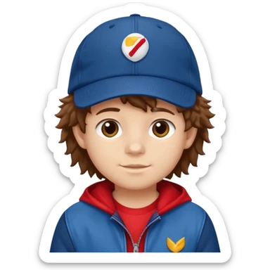 brown fluffy hair kid with blue and white cap dark blue jilet red t shirt sticker
