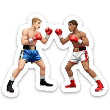  a high-stakes boxing match for the world championship title. Two professional boxers, wearing gloves and championship belts, exchange powerful punches in the center of the ring. The background features a packed arena with bright lights, a roaring crowd, and the championship banner hanging above.  sticker