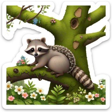 Collage of an exotic raccoon and a hedgehog, both curiously exploring a forest setting with moss and small flowers. The raccoon is perched on a tree branch, and the hedgehog is nestled in the underbrush. Vibrant nature backdrop. Transparent background. sticker