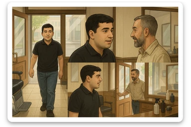 Shu odamni sartaroshxonaga kirib kelayapti  o'smirin davri rakurs ichkaridan sartaroshxona eski ham yangi ham emas bolani juda semiz qilib yuborma  u huddi sartaroshxonani  hammadan oldin kelib ochsinshu kadrni 2ta3ta rakursdan yarat sticker