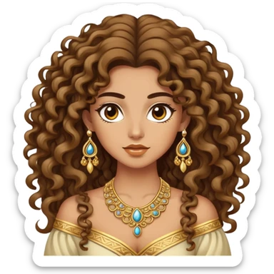 Beautiful Greek woman with very long puffy curly hair, wearing ornate gold jewelry and cute stylish clothes sticker