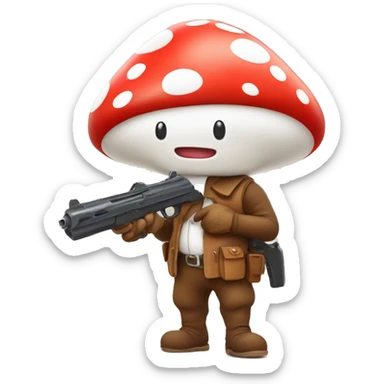cute mushroom person holding gun and he’s really small and red and white spots with a cute smiley face  sticker