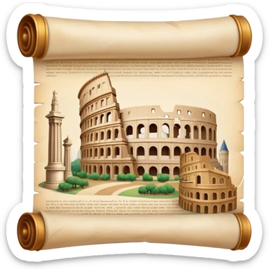 An icon featuring an ancient scroll, surrounded by famous historical landmarks and statues of notable figures, like the Colosseum or Napoleon. The design symbolizes the exploration of history through monuments and people. Transparent background highlights the pas sticker