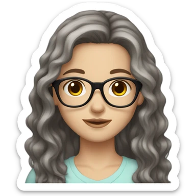 White Girl with wavy dark brown long hair, brown eyes and glasses sticker