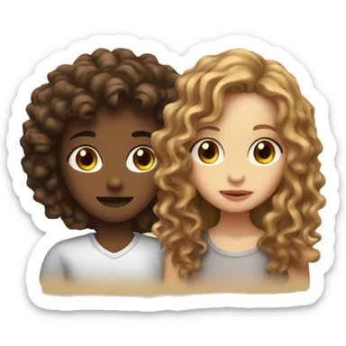 A white gir with long brown wavy hair kissing a light skin gir with curly hair  sticker