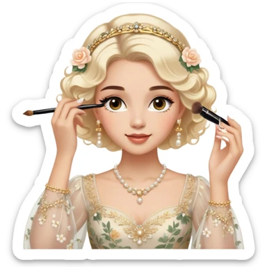  Middle Eastern-inspired moment of a woman getting ready in front of a mirror. She wears a delicate floral dress with sheer, flowy sleeves, accessorized with gold jewelry and traditional pearl-adorned hair clips. Her  as she applies mascara, her reflection revealing a soft smile.  sticker