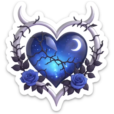 gothic heart, midnight blue glass, silver crescent moon, black roses, stardust, lightning, rain, cracked glass, grunge style sticker