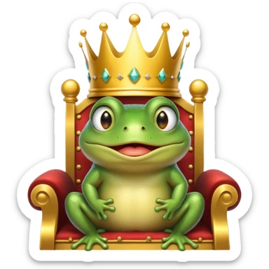 A cry frog wearing a crown, confidently sitting on a golden throne, cry tear from eyes, portrait, bust up sticker