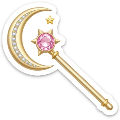 Sailor Moon's Crescent Moon Stick, a pink wand with a gold crescent moon on top and a circular silver gem in the center sticker