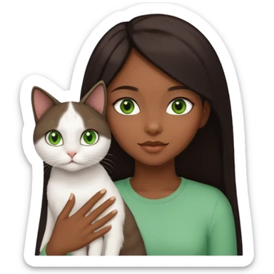 black girl with straight long dark brown hair with a side part holding a female white cat with green eyes sticker