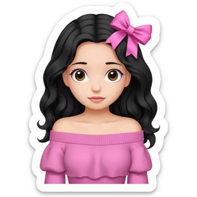 Girl with black wavy little long hair and a ribbon hair clip beside it make it look like wearing a pink off shoulder sweater  sticker