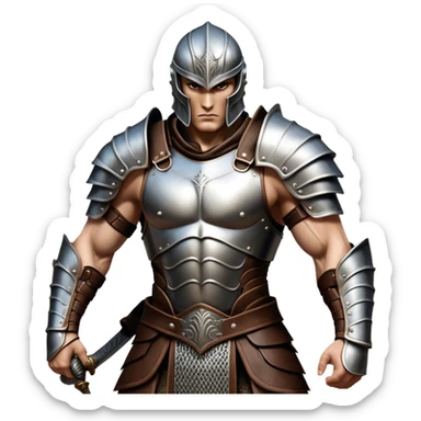 Cinematic Realistic WoW Human Warrior Portrait, captured in a dynamic, battle-ready stance, muscles defined beneath intricately detailed steel armor accented with rich leather. His chiseled visage and determined gaze are rendered with lifelike texture and dynamic natural lighting, high shine, evoking the fierce, relentless spirit of a human warrior in the midst of combat. sticker