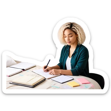 A person stands in a slightly messy room, mid-action—one hand writing a brain dump, the other smoothing out a freshly made bed. Three glowing notes are pinned nearby, marking their top priorities. A planner asks, “How can I make this easier?” Their face shows focus—not stress—activated sticker