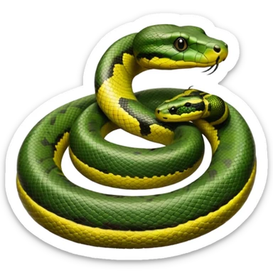A photo-realistic top-down view of a Green Anaconda tightly coiled in a spiral, with its broad, flat head resting at the center. Its thick, muscular body is olive-green and covered in symmetrical, bold black oval spots that stand out against its smooth scales, creating striking natural camouflage. sticker