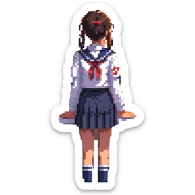 Japanese schoolgirl in uniform standing in a classroom with sunset light, hands at sides, one empty desk, looking out window, emotional atmosphere sticker