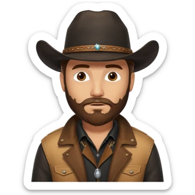 yellowstone ranch cowboy with brown beard, black cowboy hat with no rope and no jewel, black shirt, and leather tan jacket sticker