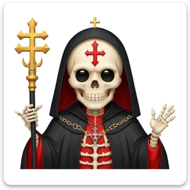 Skeleton metal singer in satanic pope robe with black hair sticker