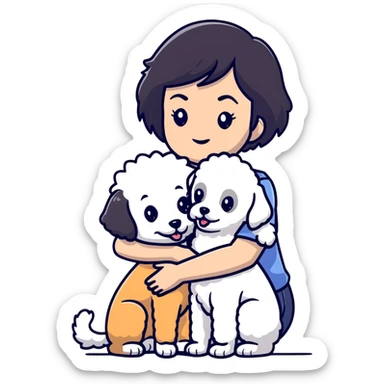 Woman with short black straight hair hugging a brown poodle and a white bichon frise sticker