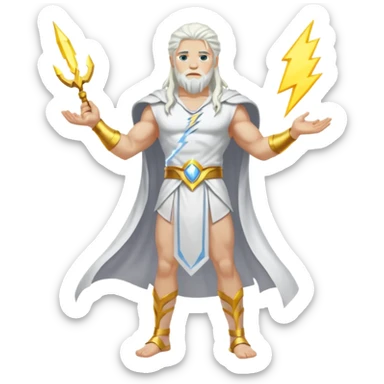 Zeus, whole body, white clothes, long white  hair, lightnings sticker