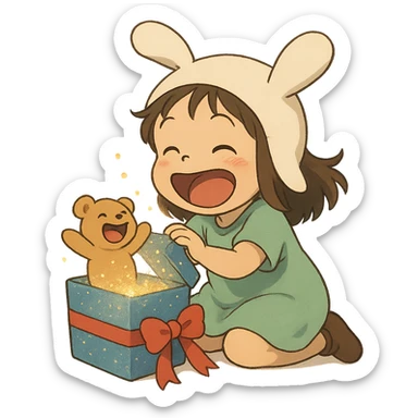 laughing chibi cute girl with a bunny hat unwrapping a magical glitter gift box with a small laughing teddy bear inside the gift box, full body, clean and polished, no imperfections, soft Ghibli style sticker