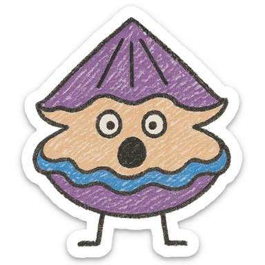 Cute oyster with a shocked expression (open mouth, round eyes) in children doodle style, transparent background. sticker