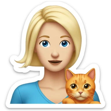Blonde hair blue eye woman  holds  Orange cats sticker
