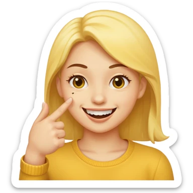 Make it a emoji yellow face (no gender) juste à face like that 😊 with a finger like that 👈 it it’s mouth like the emoji is biting it in a fliry way sticker