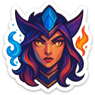 League of Legends champion face, magical elements, stylized, bold colors, close-up portrait sticker