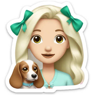 pale blonde girl with long platinum white hair with bright green blue eyes and wearing a light pink hair bow holding a brown and white haired wiener dog puppy also wearing a hair bow sticker