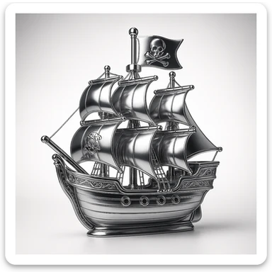 chrome style illustration of a pirate ship with a flag featuring an emblem inspired by a skull and crossed bones, highly reflective chrome surfaces, dramatic lighting, bold adventurous mood sticker