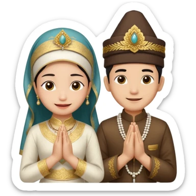 javanese person with shy smile (male) with blangkon hat and prayer hand, and also a javanese bride with sanggul and a shy smile sticker
