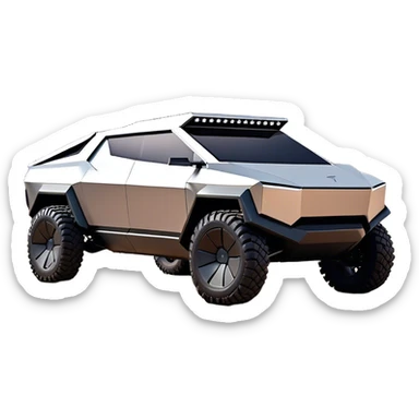 Tesla Cybertruck - A futuristic Tesla Cybertruck, angular and geometric with a sharp, triangular body shape. Stainless steel exoskeleton with a raw, unpainted, brushed-metal finish. A sleek, narrow LED light bar stretches across the entire front. Large, rugged off-road tires with exposed wheel arches. Smooth, handle-free doors and a slanted, armored rear with a retractable tonneau cover. Rear LED strip mirroring the front. The vehicle looks like a sci-fi-inspired, bulletproof stealth tank on wheels, set in a high-tech urban environment at sunset, with reflections on its metallic surface. sticker