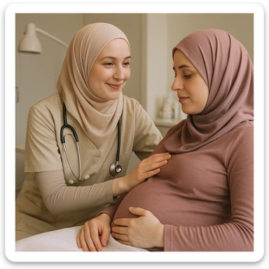 a hijabi midwife with pale skin, hijab in pastel color, comforting a patient, warm and professional sticker
