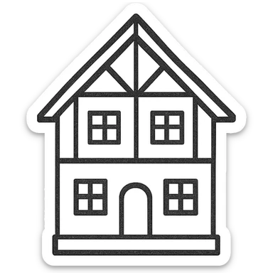 Icon of a house in Kaliningrad, hand drawn, black outlines, no fill, simple and clean, front view sticker