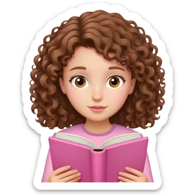 girly character with brown soft curly hair reading a pink book sticker