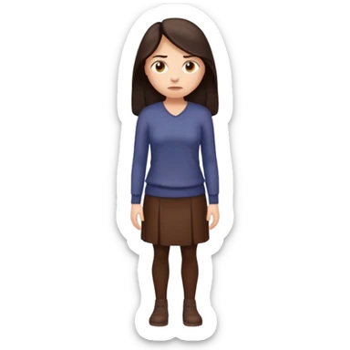 =Cartoon emoji of a woman with long, loose dark hair, wearing chocolate-colored clothes. Full-height, standing, nervous, unsure, worried expression. Slightly hunched, anxious posture. Smooth, simple, stylized sticker