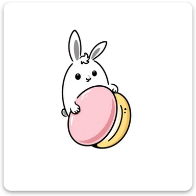 chibi bunny holding a giant macaron, soft pink background, pastel dessert theme, adorable illustration sticker